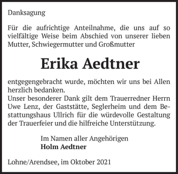 Traueranzeige von Erika Aedtner  von Magdeburger Volksstimme