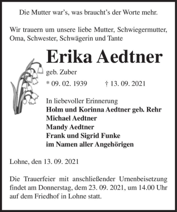 Traueranzeige von Erika Aedtner (geb. Zuber)  von Magdeburger Volksstimme