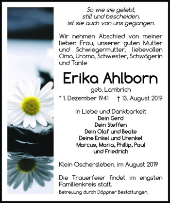 Traueranzeige von Erika Ahlborn (geb. Lambrich)  von Magdeburger Volksstimme