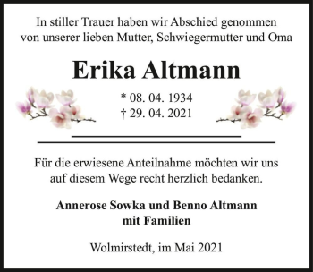 Traueranzeige von Erika Altmann  von Magdeburger Volksstimme