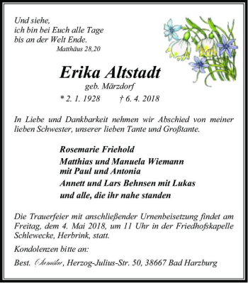 Traueranzeige von Erika Altstadt (geb. Märzdorf)  von Magdeburger Volksstimme
