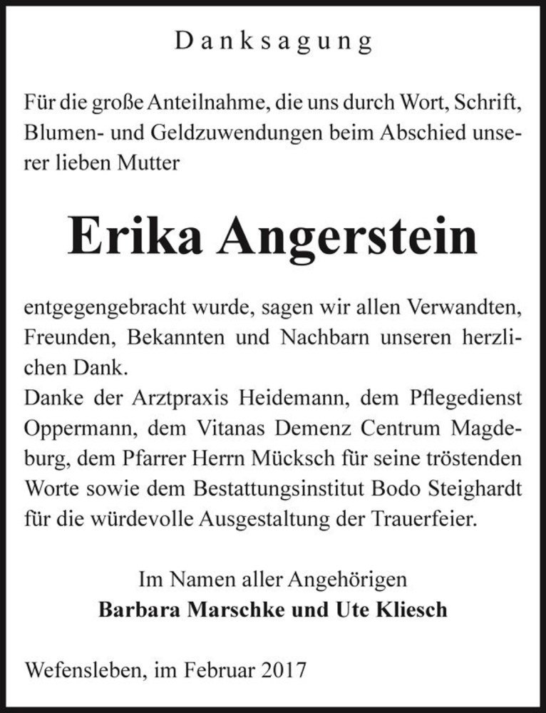  Traueranzeige für Erika Angerstein  vom 03.02.2017 aus Magdeburger Volksstimme