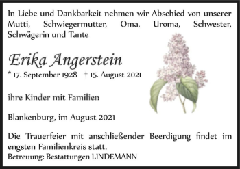 Traueranzeige von Erika Angerstein  von Magdeburger Volksstimme