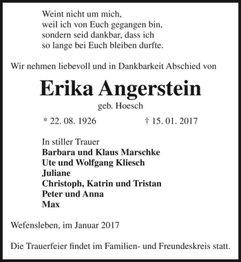 Traueranzeige von Erika Angerstein (geb. Hoesch)  von Magdeburger Volksstimme