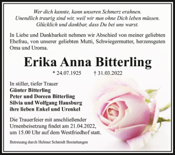 Traueranzeige von Erika Anna Bitterling  von Magdeburger Volksstimme