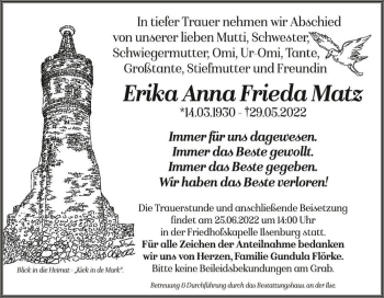 Traueranzeige von Erika Anna Frieda Matz  von Magdeburger Volksstimme