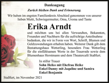 Traueranzeige von Erika Arndt  von Magdeburger Volksstimme