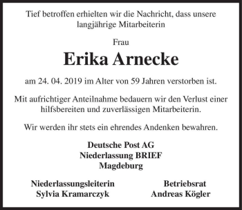 Traueranzeige von Erika Arnecke  von Magdeburger Volksstimme