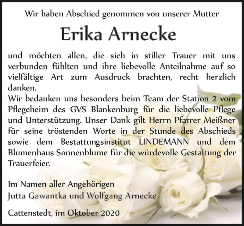  Traueranzeige für Erika Arnecke  vom 17.10.2020 aus Magdeburger Volksstimme