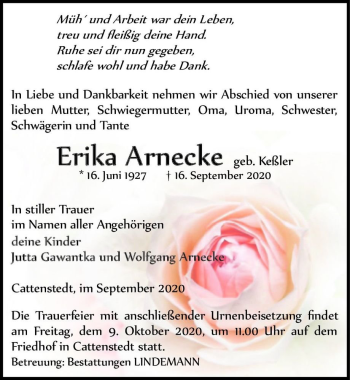 Traueranzeige von Erika Arnecke (geb. Keßler)  von Magdeburger Volksstimme