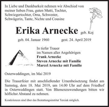Traueranzeige von Erika Arnecke (geb. Koj)  von Magdeburger Volksstimme