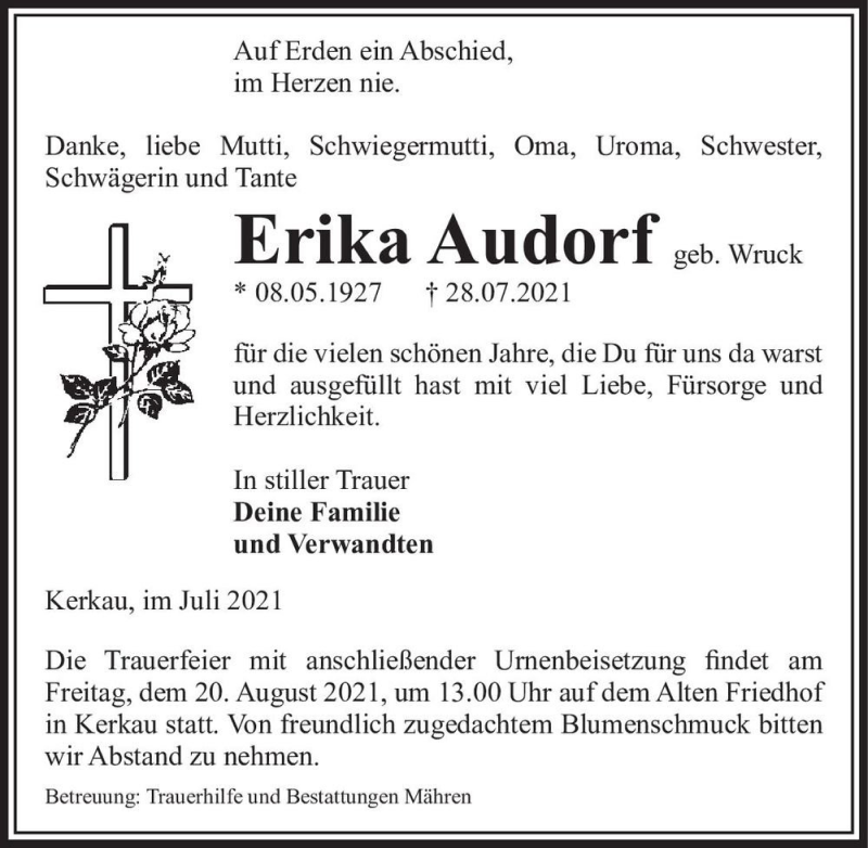  Traueranzeige für Erika Audorf (geb. Wruck)  vom 31.07.2021 aus Magdeburger Volksstimme