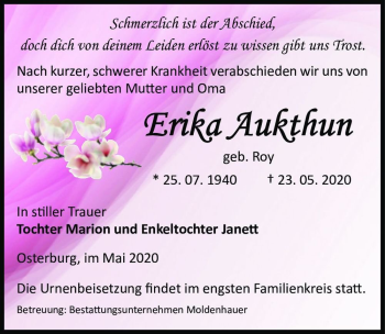 Traueranzeige von Erika Auktuhn (geb. Roy)  von Magdeburger Volksstimme