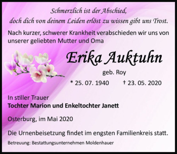 Traueranzeige von Erika Auktuhn (geb. Roy)  von Magdeburger Volksstimme