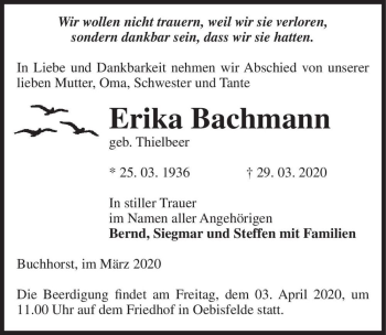 Traueranzeige von Erika Bachmann (geb. Thielbeer)  von Magdeburger Volksstimme
