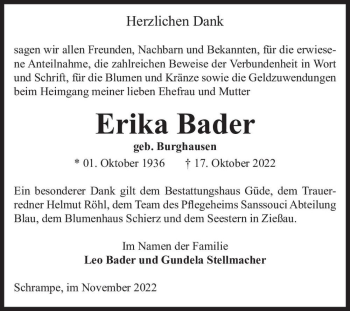 Traueranzeige von Erika Bader (geb. Burghausen)  von Magdeburger Volksstimme