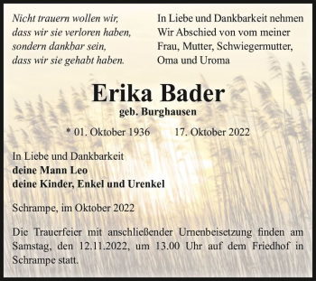 Traueranzeige von Erika Bader (geb. Burghausen)  von Magdeburger Volksstimme