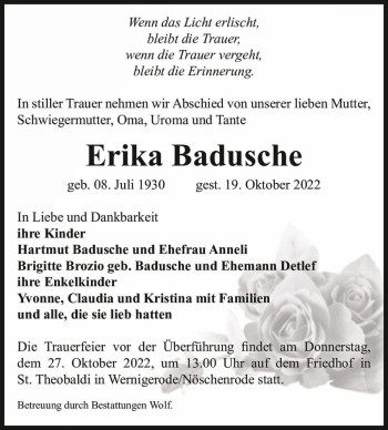 Traueranzeige von Erika Badusche  von Magdeburger Volksstimme