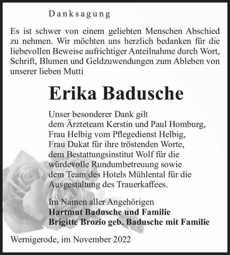  Traueranzeige für Erika Badusche  vom 12.11.2022 aus Magdeburger Volksstimme