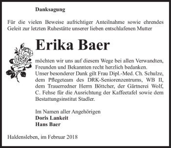 Traueranzeige von Erika Baer  von Magdeburger Volksstimme
