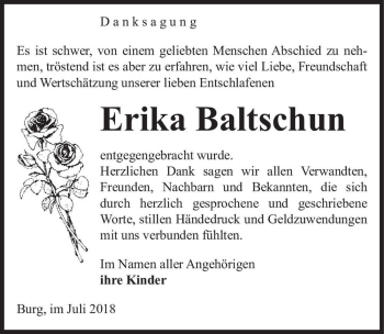 Traueranzeige von Erika Baltschun  von Magdeburger Volksstimme