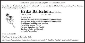 Traueranzeige von Erika Baltschun (geb. Möhring)  von Magdeburger Volksstimme
