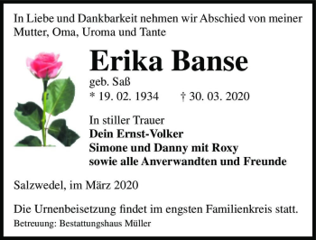 Traueranzeige von Erika Banse (geb. Saß)  von Magdeburger Volksstimme