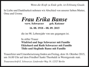 Traueranzeige von Erika Banse (verw. Schwarzer, geb. Kutzner)  von Magdeburger Volksstimme