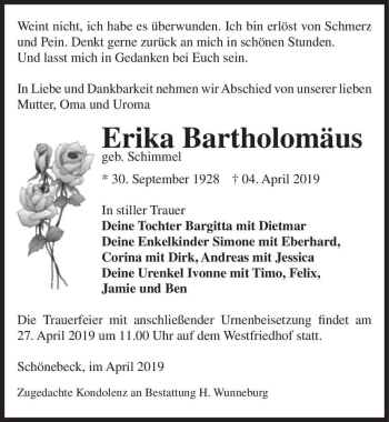 Traueranzeige von Erika Bartholomäus (geb. Schimmel)  von Magdeburger Volksstimme