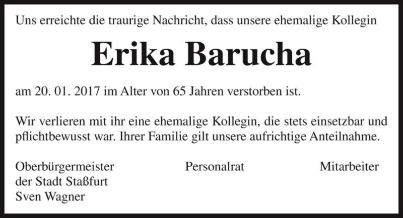  Traueranzeige für Erika Barucha  vom 04.02.2017 aus Magdeburger Volksstimme