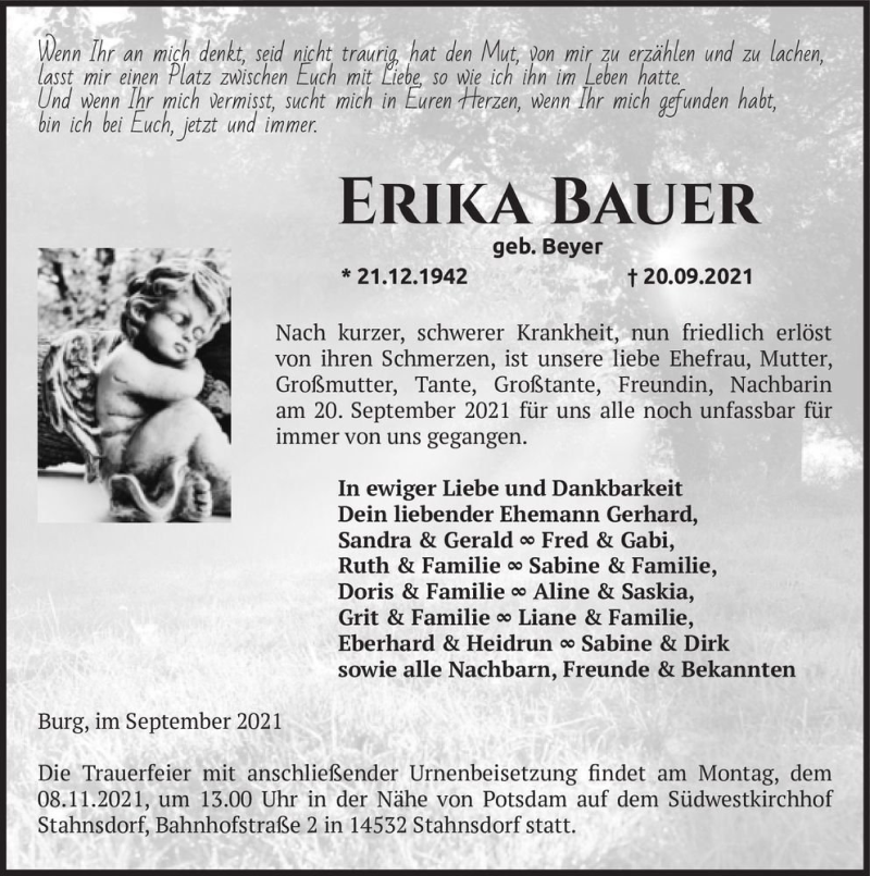  Traueranzeige für Erika Bauer (geb. Beyer)  vom 30.10.2021 aus Magdeburger Volksstimme