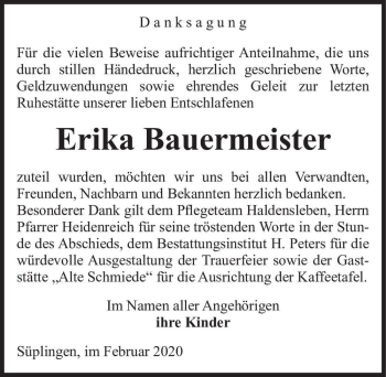 Traueranzeige von Erika Bauermeister  von Magdeburger Volksstimme