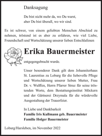 Traueranzeige von Erika Bauermeister  von Magdeburger Volksstimme