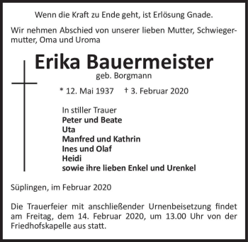Traueranzeige von Erika Bauermeister (geb. Borgmann)  von Magdeburger Volksstimme