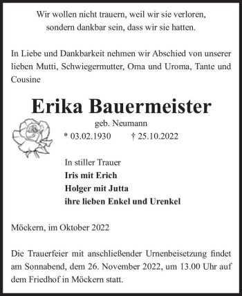 Traueranzeige von Erika Bauermeister (geb. Neumann)  von Magdeburger Volksstimme