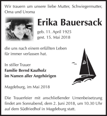 Traueranzeige von Erika Bauersack  von Magdeburger Volksstimme