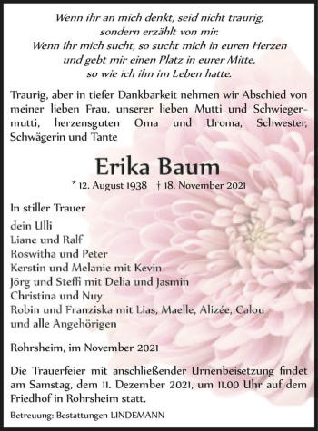 Traueranzeige von Erika Baum  von Magdeburger Volksstimme