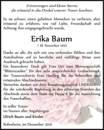 Traueranzeige von Erika Baum  von Magdeburger Volksstimme