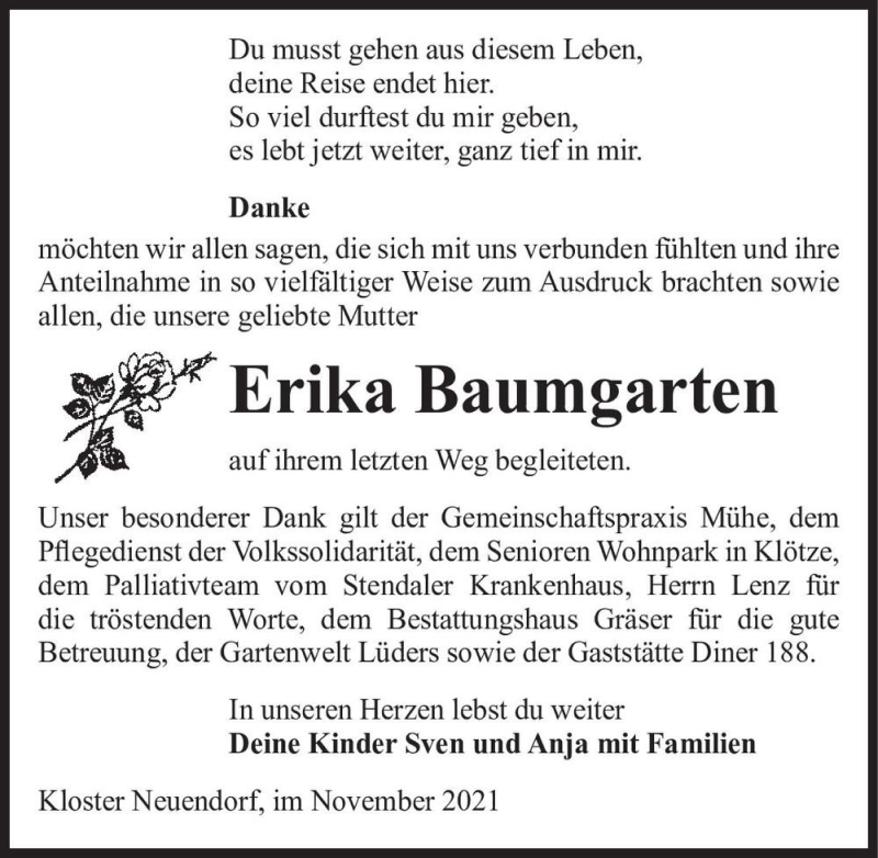  Traueranzeige für Erika Baumgarten  vom 26.11.2021 aus Magdeburger Volksstimme