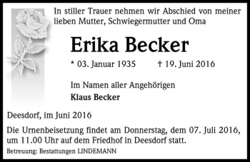 Traueranzeige von Erika Becker  von Magdeburger Volksstimme