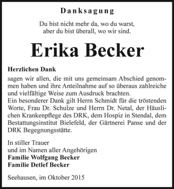 Traueranzeige von Erika Becker  von Magdeburger Volksstimme