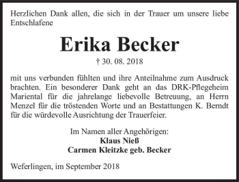 Traueranzeige von Erika Becker  von Magdeburger Volksstimme