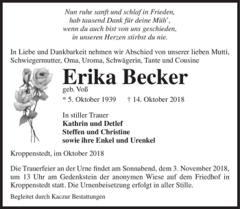 Traueranzeige von Erika Becker (geb. Voß)  von Magdeburger Volksstimme