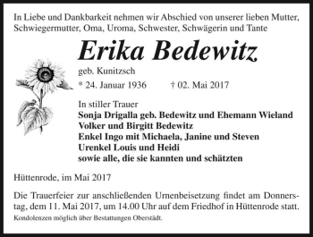 Traueranzeige von Erika Bedewitz (geb. Kunitzsch)  von Magdeburger Volksstimme