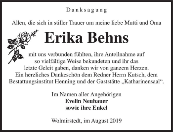 Traueranzeige von Erika Behns  von Magdeburger Volksstimme