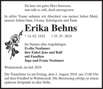 Traueranzeige von Erika Behns  von Magdeburger Volksstimme