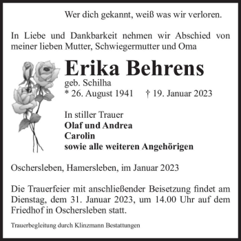 Traueranzeige von Erika Behrens (geb. Schilha)  von Magdeburger Volksstimme