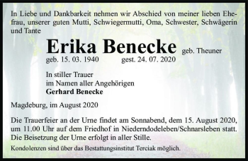 Traueranzeige von Erika Benecke (geb. Theuner)  von Magdeburger Volksstimme