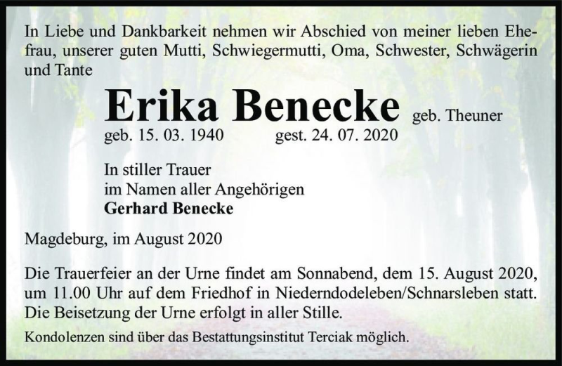 Traueranzeige für Erika Benecke (geb. Theuner)  vom 08.08.2020 aus Magdeburger Volksstimme