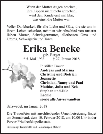 Traueranzeige von Erika Beneke (geb. Berger)  von Magdeburger Volksstimme